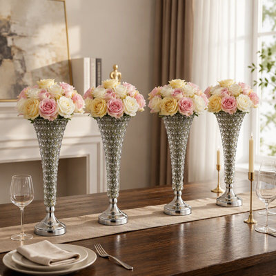 Vase de mariage en cristal 4 pièces 4 pièces, centres de table de 20 po de hauteur, vases de banquet en cristal à installation facile, support de rangement polyvalent pour les événements festifs, argent