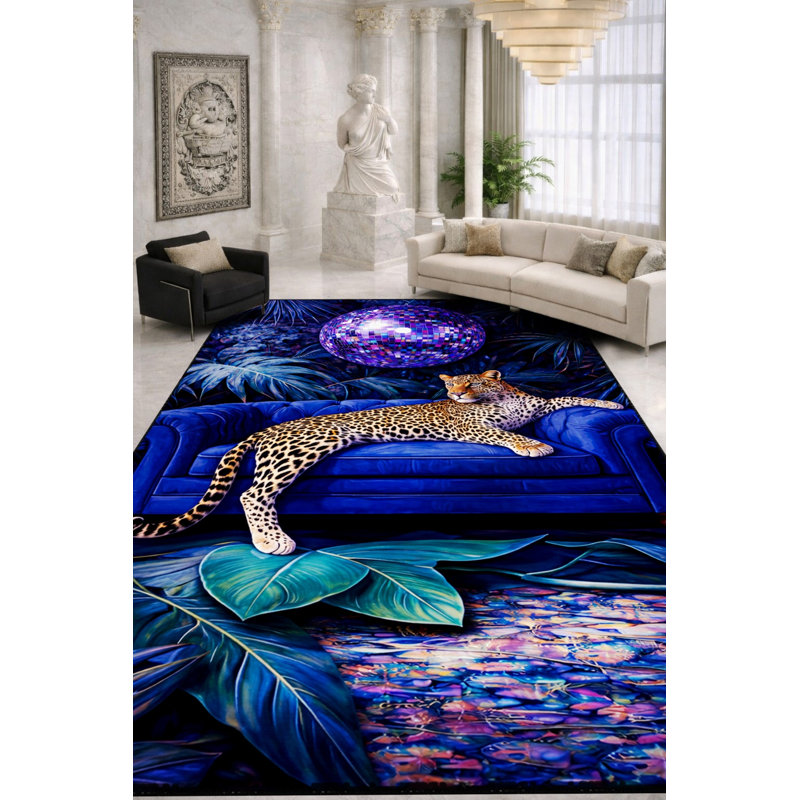 Tapis bleu tissé à imprimé guépard Mosso, 2'4" x 3'11"