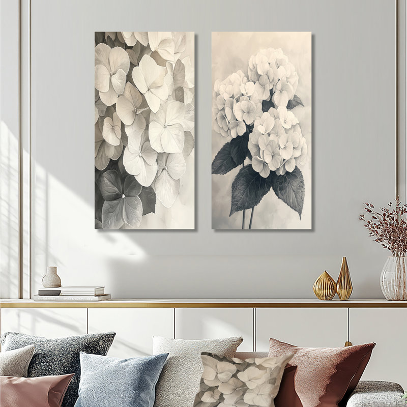 Hortensia rétro en monochrome I - impressions sur toile florales 2 panneaux, H 28 po x l 25 po, Toile tendue