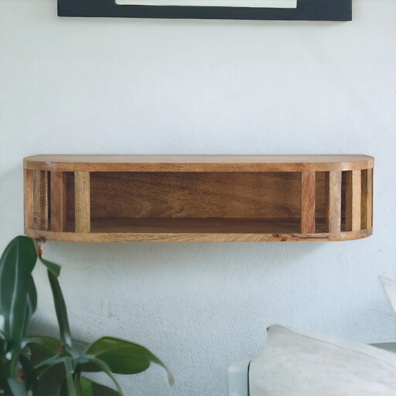 Console flottante en bois massif Ariella, rangement ouvert, brun clair