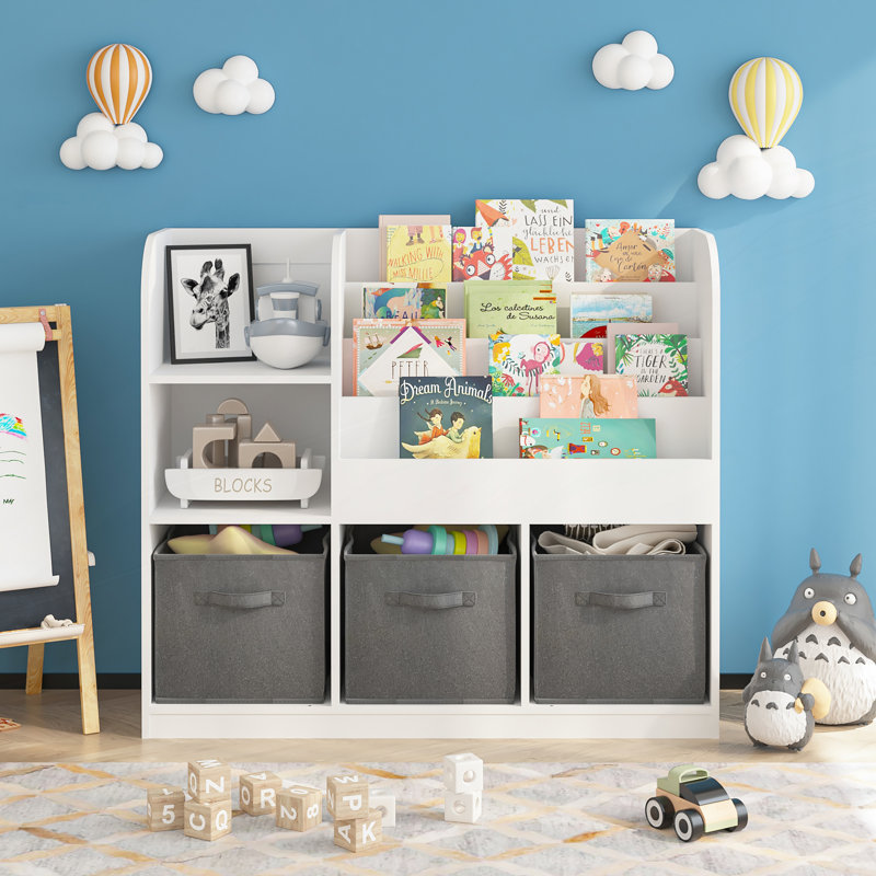Bibliothèque et bibliothèque, bibliothèque multifonctionnelle avec 3 tiroirs pliables en tissu