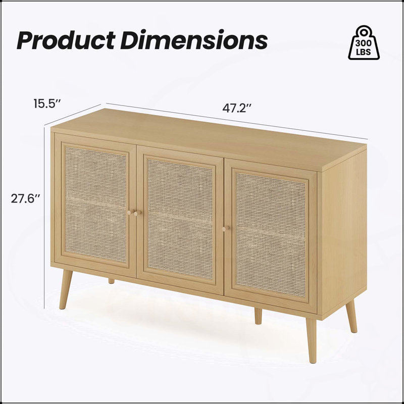 Buffet en rotin naturel avec 3 portes et rangement spacieux pour les cuisines et les vestibules modernes, Gris naturel