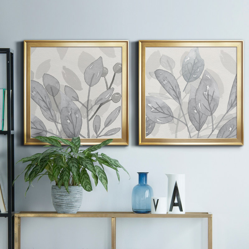 «Shadow Leaves I», peinture sur toile 2 pièces, Cadre doré, H 17,5 po x l 35 po x P 1,5 po