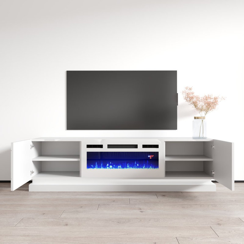70.9" Modern TV Stand with Electric Fireplace, High Gloss Finish, Media Storage, White