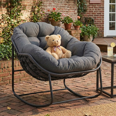  Outdoor Papasan Rocking Chair with Soft Cushion,  Wicker Lounge Rocker for Balcony/Porch/Garden, Reinforced All Weather Rattan Frame, 330 lbs Support