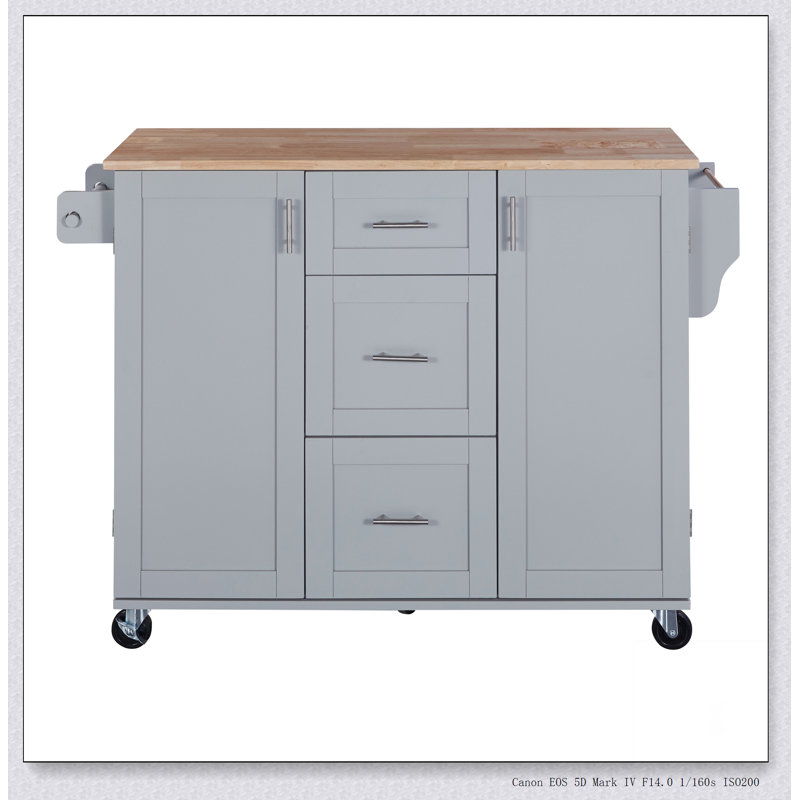 Îlot de cuisine roulant avec rangement, chariot de cuisine avec plateau en bois d'hévéa, Gris