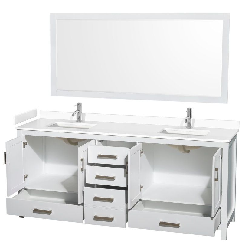 Sheffield 72" Double Bathroom Vanity with Mirror, White Cultured Marble, White, 80"