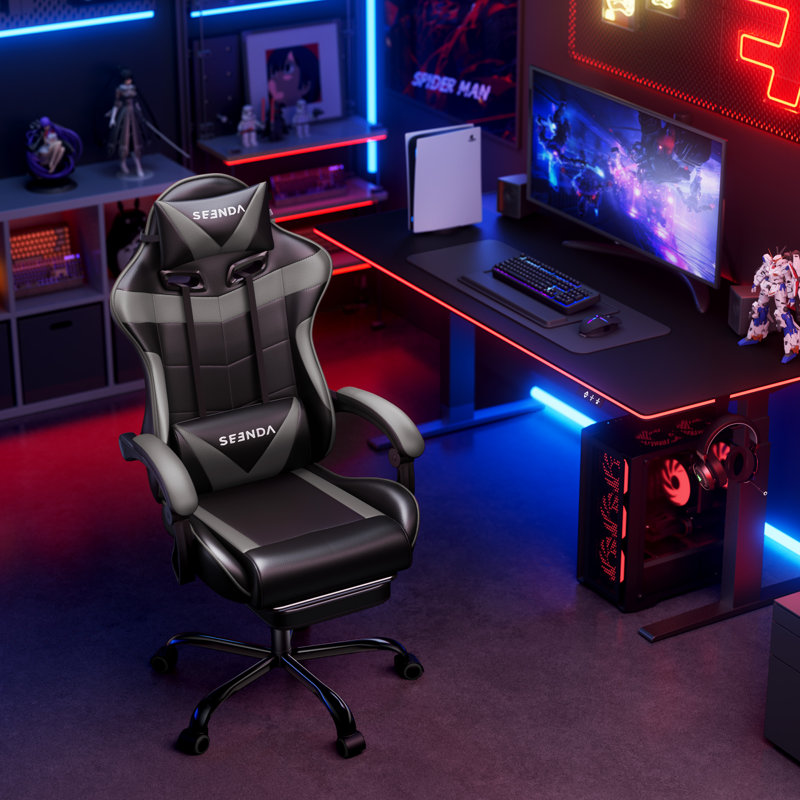 High-Back Adjustable Reclining Ergonomic Faux Leather Swiveling Pc & Racing Gaming Chair With Footrest, Black/Gray