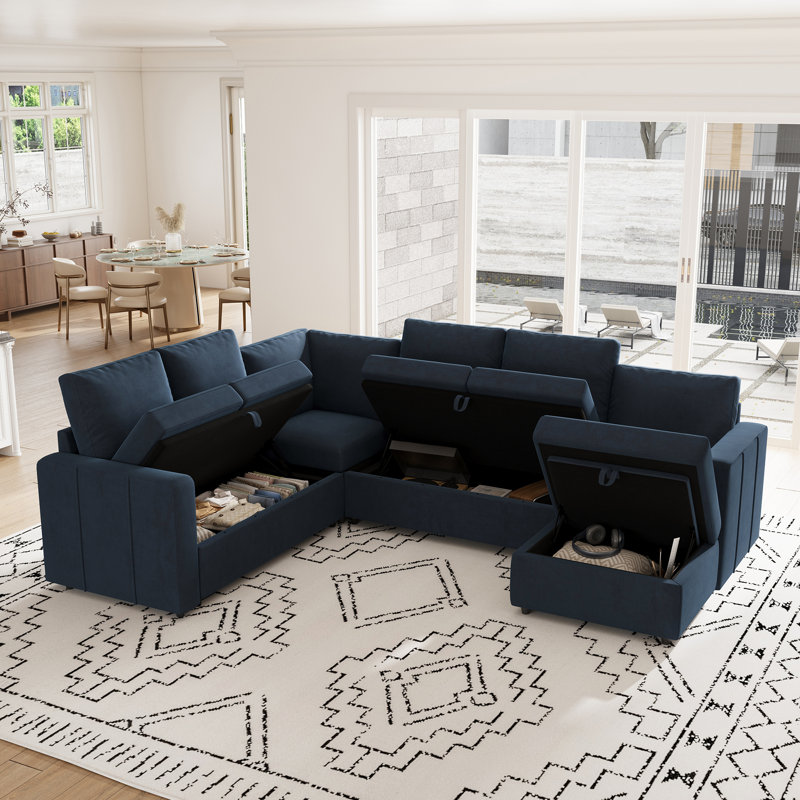 L-Shaped Modular Sofa Set With Large Storage Space, Blue Velvet