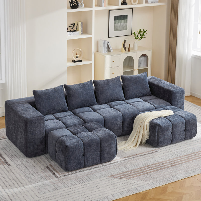 Modular Sofa Set With Ottoman, Compressed No-Frame Boneless Sectional, Blue Chenille, 25" H x 119.3" W x 39.4" D