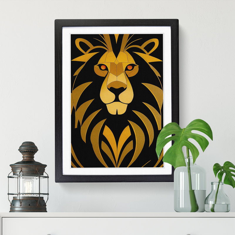 Lion Art Deco Vol.4 - Picture Frame Print, 46cm H x 34cm W x 2cm D, Black