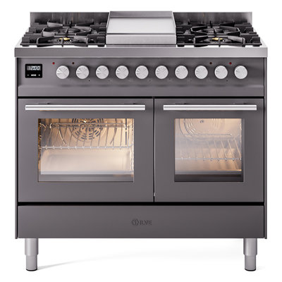 ILVE Professional Plus II Series 40 in. Dual Fuel Range with 6 Sealed Burners, Griddle (Natural Gas, Glass Door)