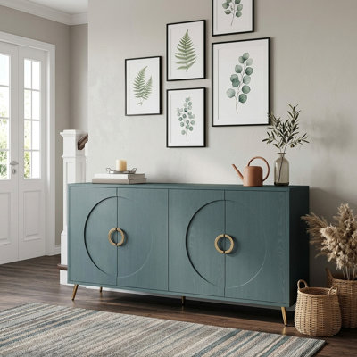 15.74" W Italian Luxury Modern Sideboard Cabinet 4-Door Round Embossed with Gold Metal Handles