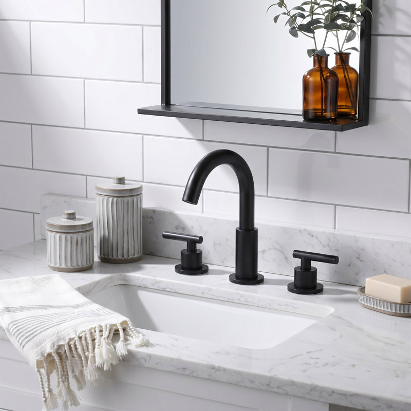 Solid Brass Two Handle Widespread Bathroom Sink Faucet With Drain Assembly, Matte Black