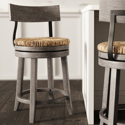 Tabouret de bar à hauteur de comptoir en bois avec assise en ruppie maritime naturelle, gris récupéré