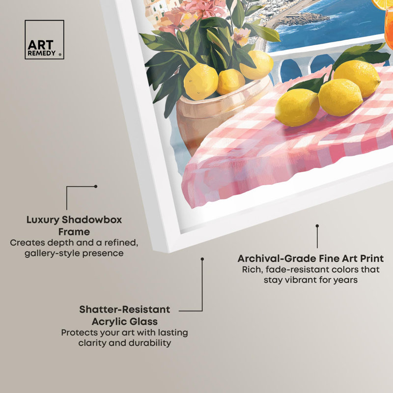 Reproduction d'été rétro Dolce Vita balcon II Shadowbox par Art Remedy, H 21 po x l 17 po, Blanc
