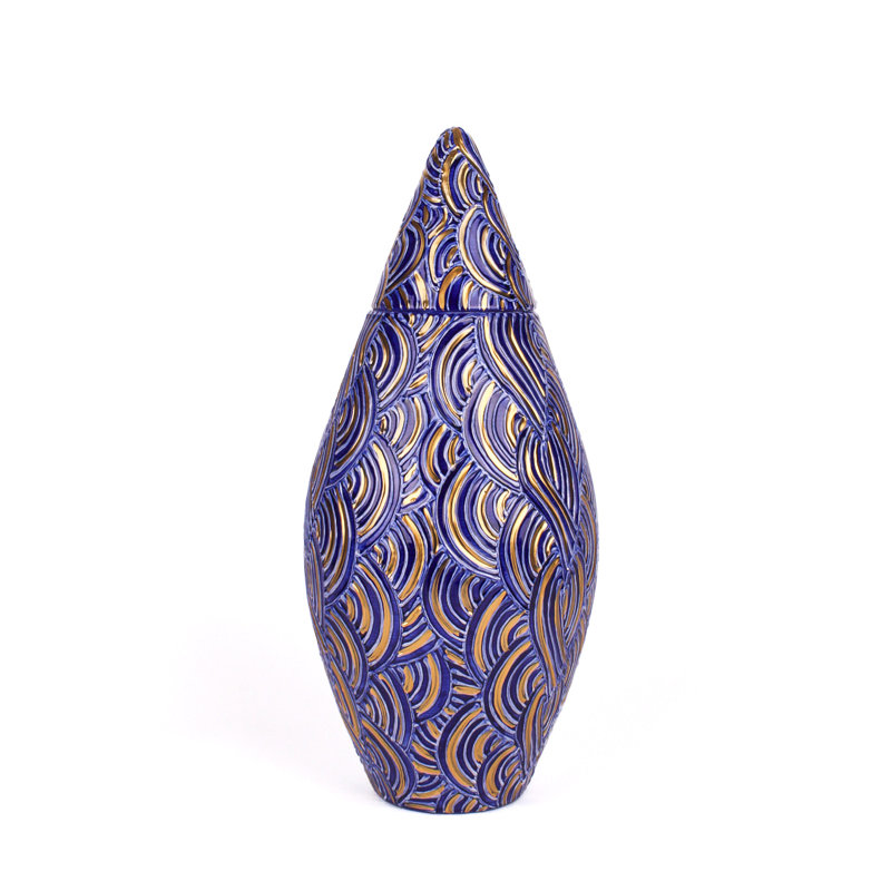 Ribbed Handmade Ceramic Jar, Blue/Gold