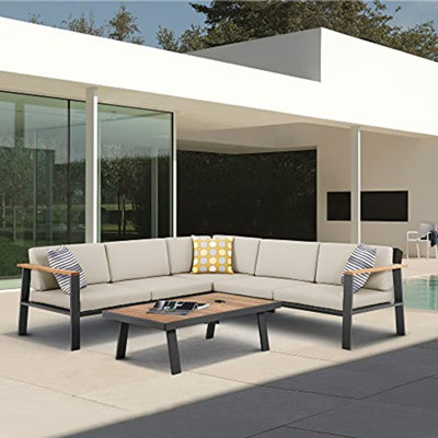 Ensemble de conversation modulaire en teck avec coussins 4 pièces Raven