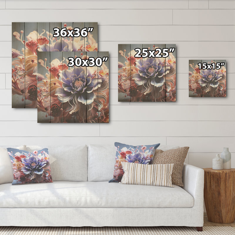 Abstrait floral chuchotements - art mural panneau de bois de violette sur bois de pin naturel, H 15 po x l 15 po