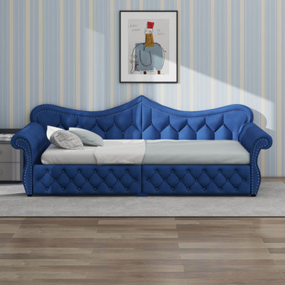 Grand lit de jour rembourré avec lumières DEL et décoration cloutée, canapé-lit convertible avec revêtement capitonné en losange, accoudoirs roulés