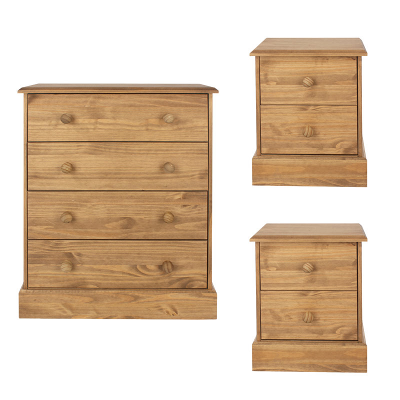 Pursley 3-Piece Rustic Bedroom Set, Solid Waxed Wood, 4-Drawer Chest & 2-Bedsides