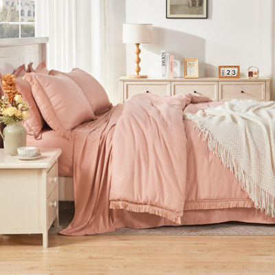 Andency Pink King Size Comforter Set with Sheets - 7 Pieces Boho Tassel Bed in a Bag Soft Lightweight Bedding Sets, Pink Fringe Bed Set with Comforter, Sheets, Pillowcases & Shams