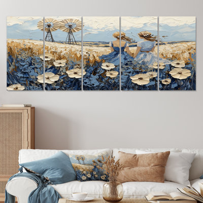 Ensemble de décorations murales blanches et bleues avec moulins à vent Floral Fields II