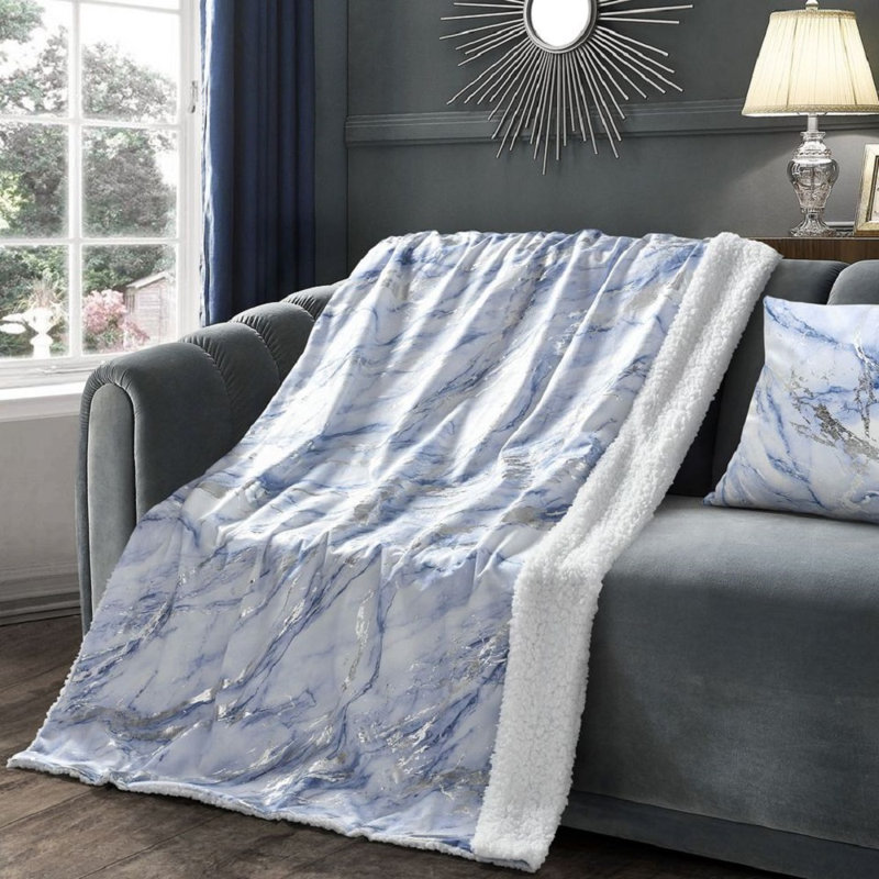 Hayslett Luxury Foil Printed Sherpa Backed Marble Throw Blanket, W100 x L150cm, Blue