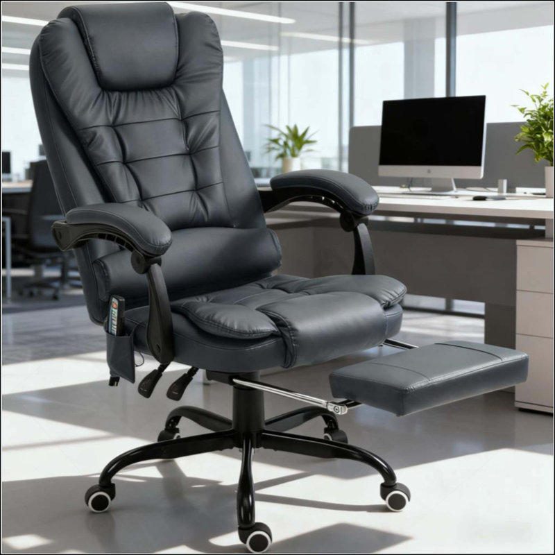 Fauteuil de bureau de massage à haut dossier, fauteuil de bureau de massage vibrant avec support lombaire, repose-pieds, Bleu