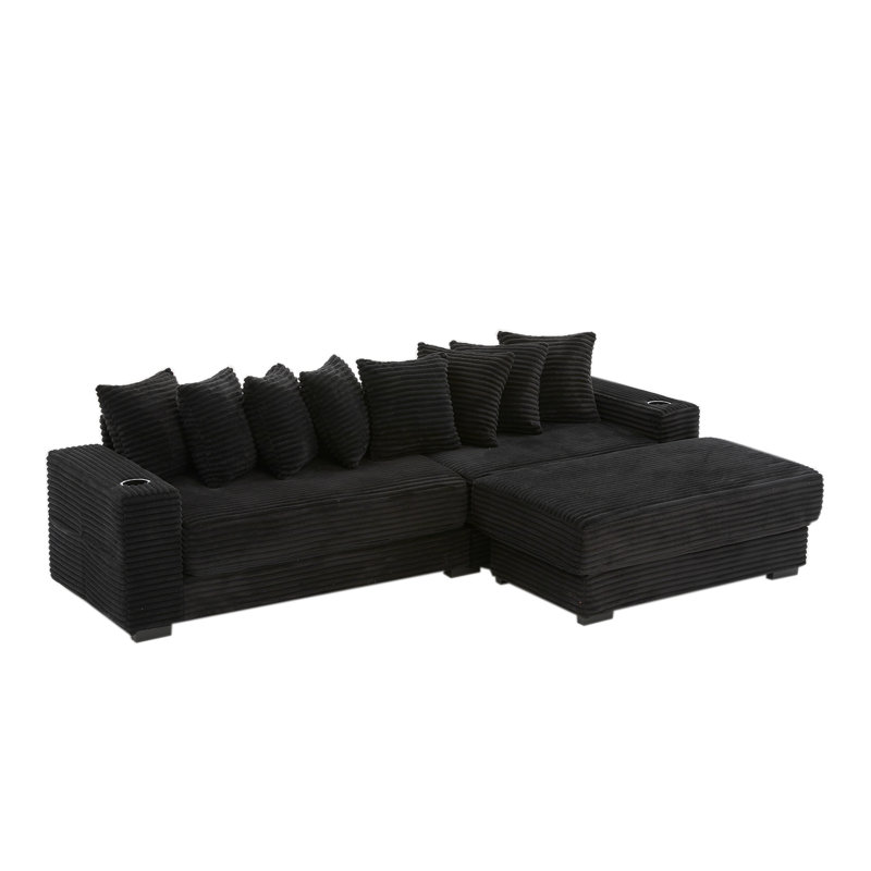 L-Shaped Reversible Sectional Sofa, Black Corduroy