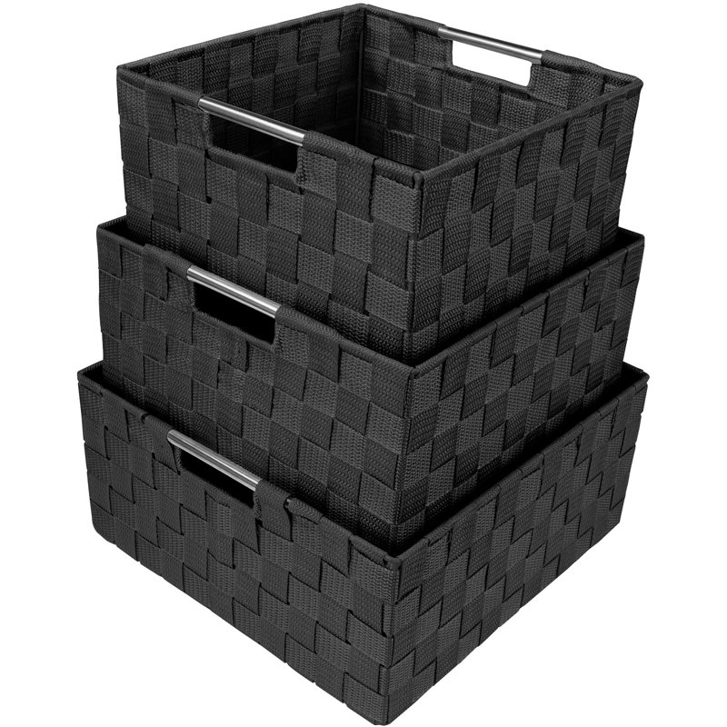 Stackable Wicker Woven Basket with Handles 3 Pack, Black