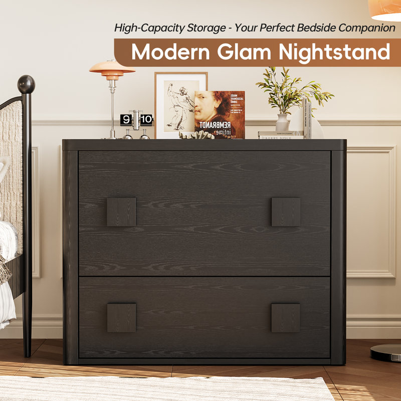 31.5"W 2 Drawer Black Modern Nightstand 