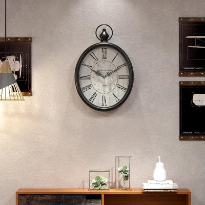 Grande horloge murale ovale rétro, style rustique vintage, noir antique