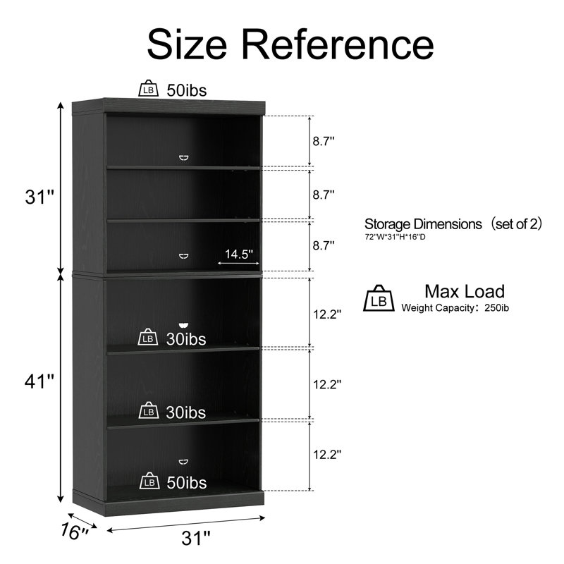 Bibliothèque 72 po H 72 po x l 31 po, (6 tablettes) H 182,9 po x l 78,7 po x P 40,6 po, Noir