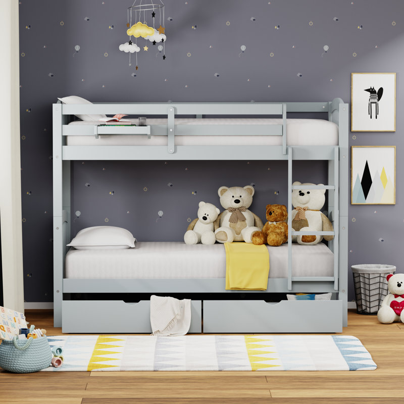 Klar Solid Wood Twin Over Twin Bunk Bed, Hanging Nightstand, and Underbed Storage Drawers, Light Gray