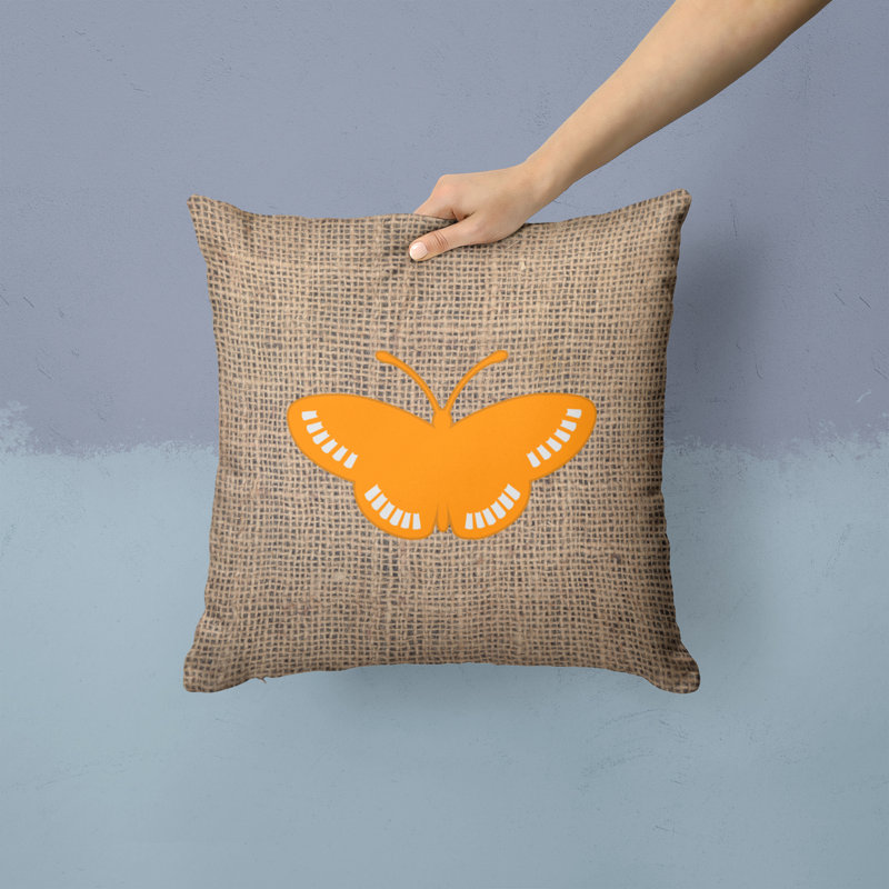 Coussin décoratif intérieur/extérieur moisissure carré en toile jute papillon, Orange, H 14 po x l 14 po x P 4 po