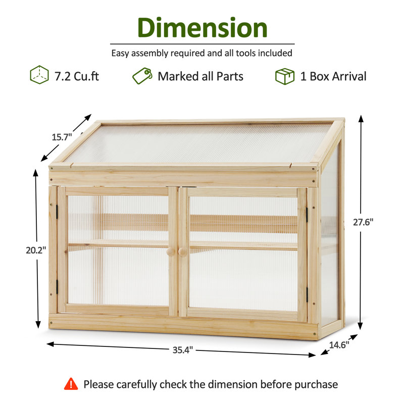 35.4" W x 14.6" D 2-Tier Wooden Cold Frame Garden Greenhouse, Natural