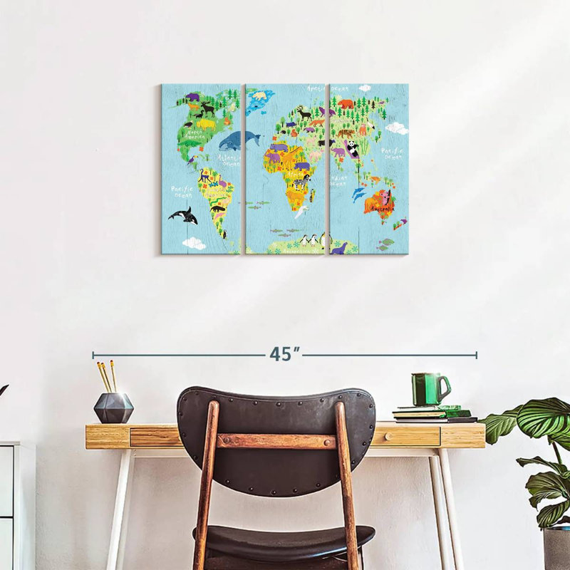 Carte du monde domestique, ensemble de 3 pièces sur toile par SweetTeachings, H 20 po x l 33 po x P 1,25 po