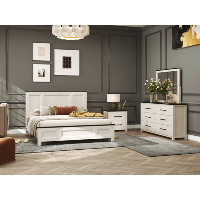 Roundhill Furniture Realynn 4-Piece Wood Bedroom Set, Panel Bed with Dresser, Mirror, and Nightstand, Off-White Finish by Roundhill Furniture