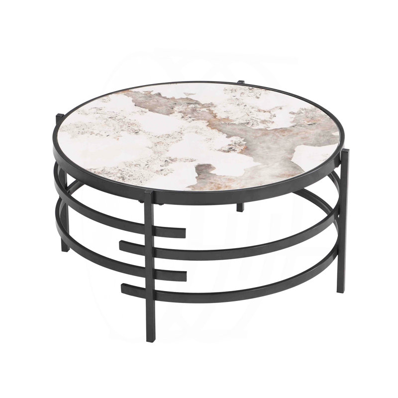 Table basse 32,48 po avec plateau en pierre frittée et structure en métal robuste, Gris