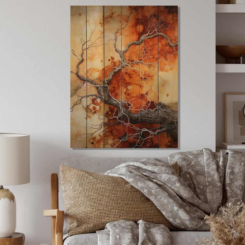 Arbre à érable orange et brun avec braises sur bois, H 20 po x l 10 po x P 0,78 po