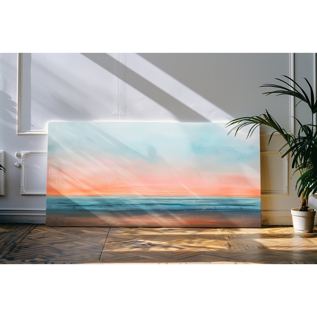 Leinwandbild gerahmt 120x60cm Strand Meer Abstrakt Horizont Rot Abendrot Sonnenuntergang