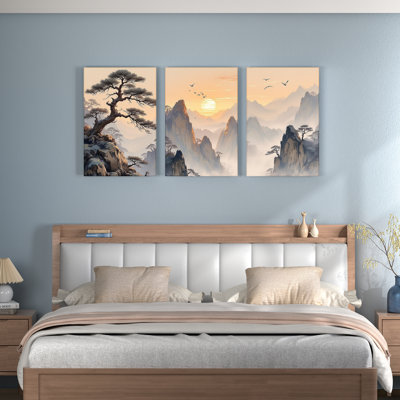 Chinese Landscape Pine Tree and Mountains Canvas Wrapped Wall Art, Oil Painting Print (Set of 3)