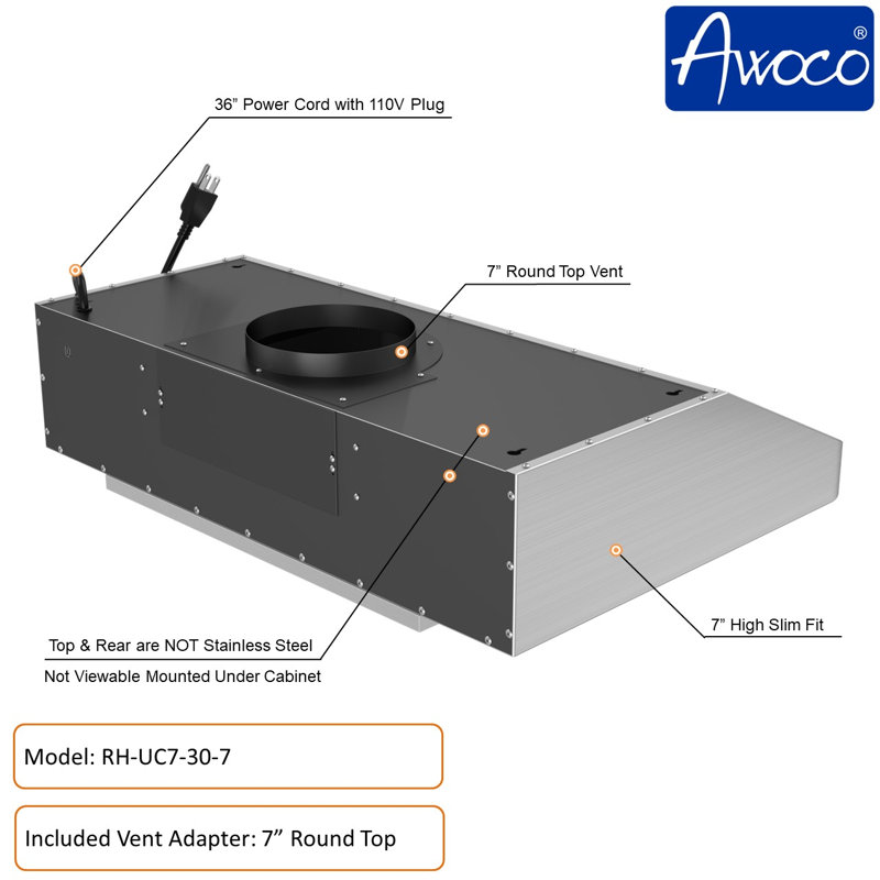 Hotte sous un meuble à conduit 30 pouces avec filtre à chicane et lumière incluse Awoco RH-UC7-30
