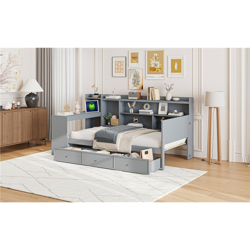 Lit de jour simple en bois avec 3 tiroirs, ports USB et bureau, gris, Simple, Gris