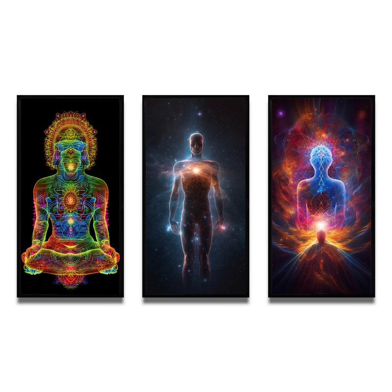 «Iridiscent Rainbow Awakening», 3 pièces sur toile, Cadre flottant noir, H 20 po x l 36 po