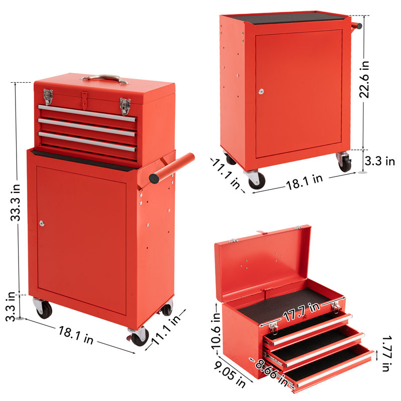 3-Drawer Steel Combination Rolling Tool Chest Set, Red