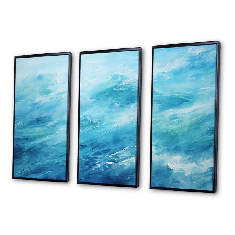 Ensemble de salon art mural bleu azur / lagon bleu azur, Cadre flottant noir, H 32 po x l 48 po x P 1 po
