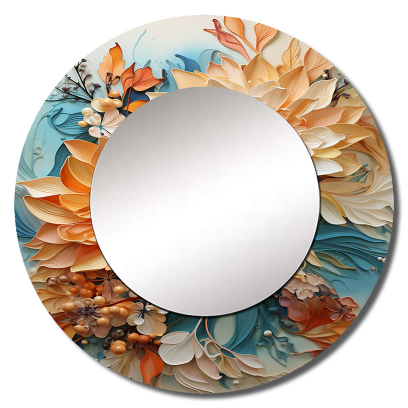 Rainee orange sarcelle botanique tourbillon I - miroir décoratif botanique, grand miroir mural rond orange, impression d'art en métal
