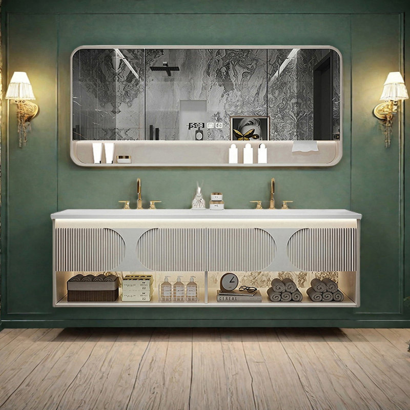 Modern cream-style smart bathroom cabinet, 19.68" H x 70.86" W x 19.68" D